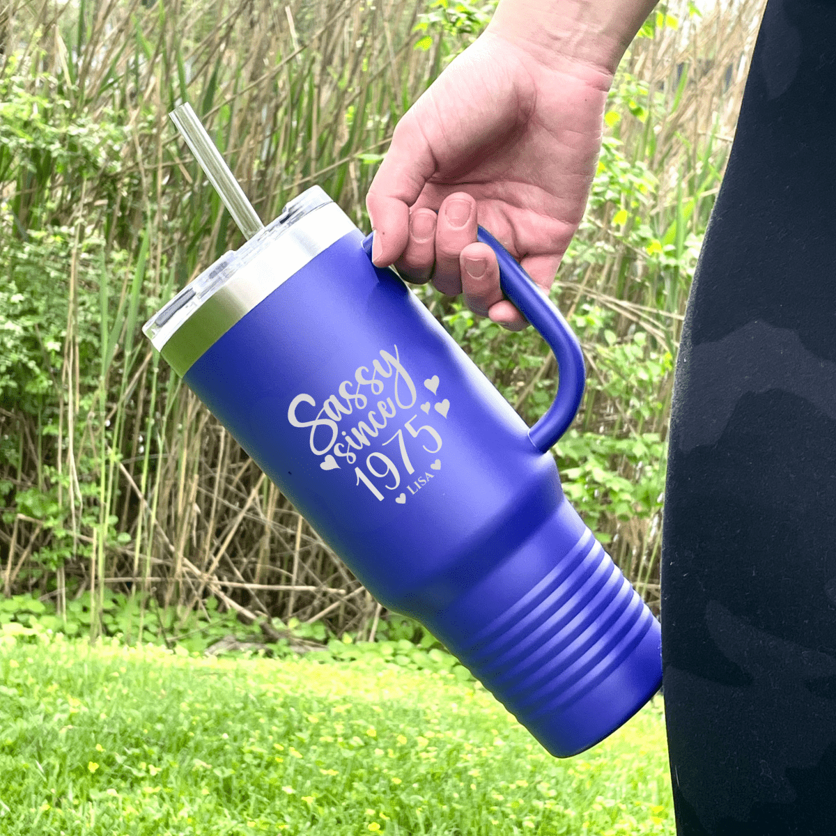 "Golden Jubilee Mega Tumbler of Love – 40 oz personalized stainless steel tumbler for a 50th birthday, available in 16 colors with 'Sassy Since 1975' or 'Vintage 1975' design options, includes lid and straw."