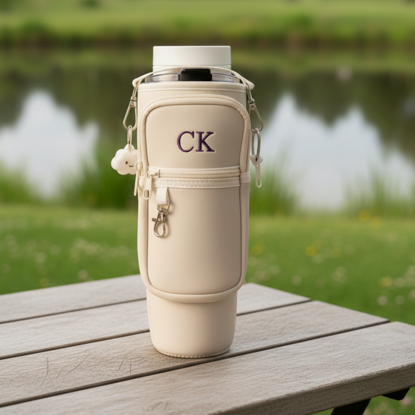 Cream neoprene tumbler carrier with sample embroidered initials "CK" on front, adjustable shoulder strap, and decorative cloud charm, displayed outdoors on wooden table.