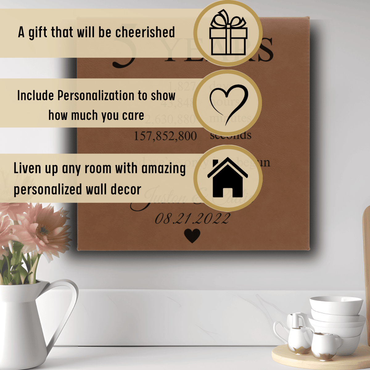 Personalized 5 Year Anniversary Square Leather Wall Decor for her, Customized Gifts for Women by Groovy Girl Gifts