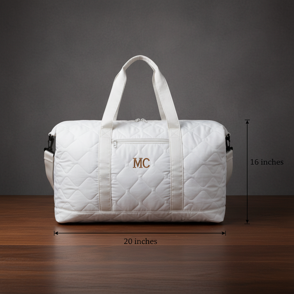 White quilted duffel bag with sample initials "MC" embroidered on front, displayed with dimensions of 20 inches wide by 16 inches tall