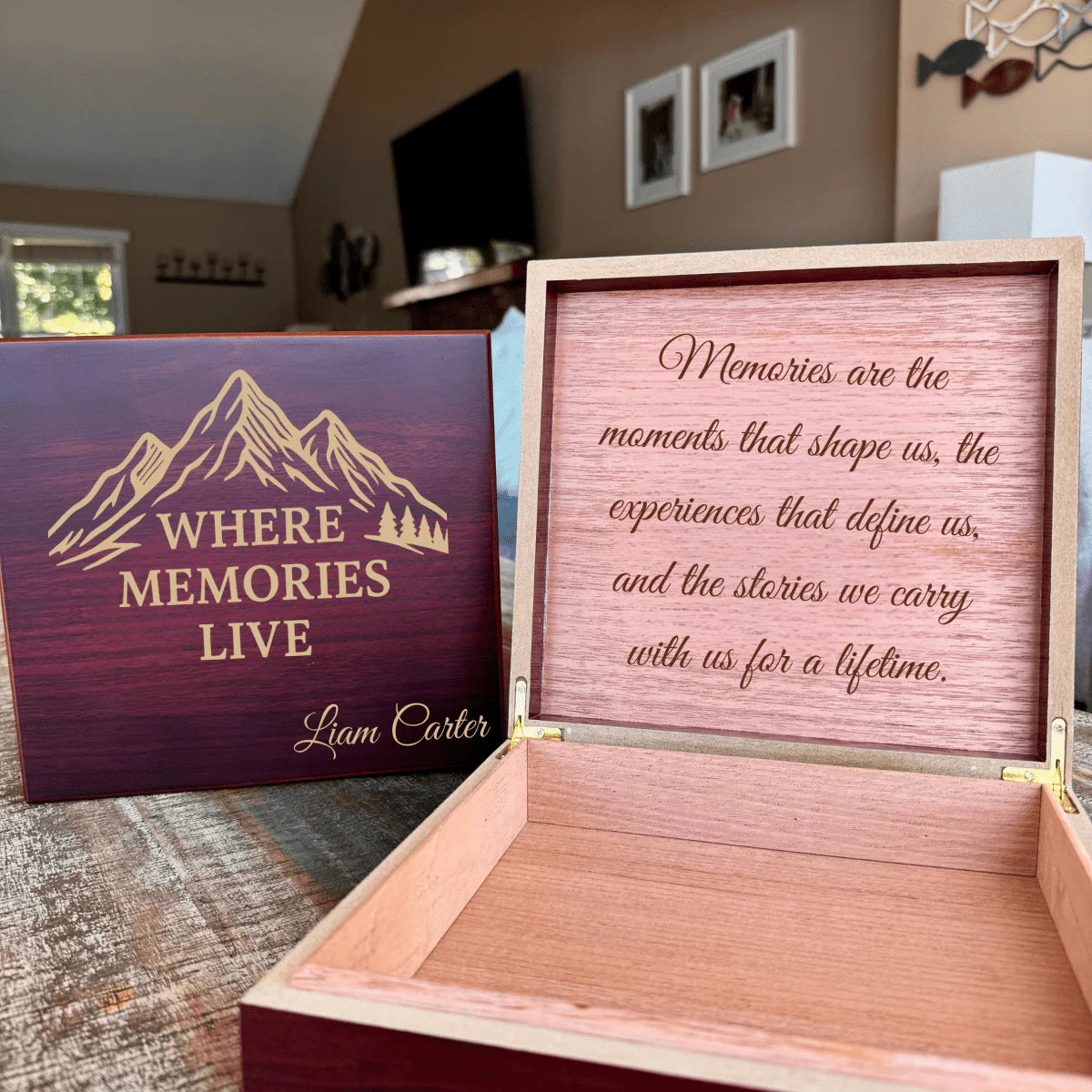 Personalized wooden memory box for women with engraved name, dates, and heartfelt message