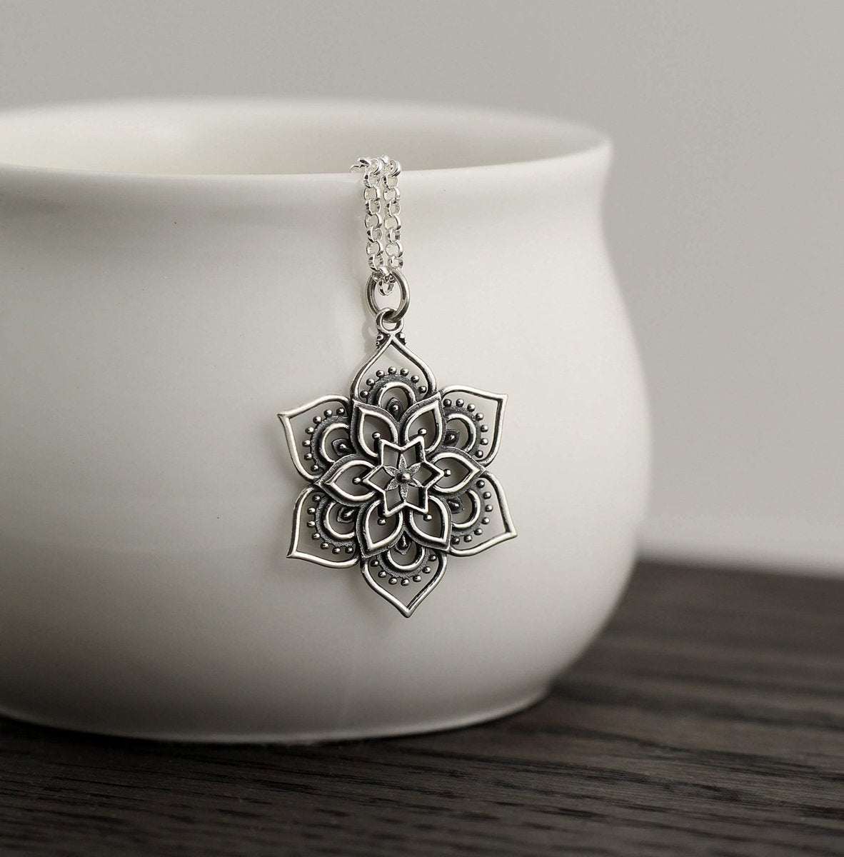 Personalized Flower Lotus Mandala Pendant Necklace • Sterling Silver Mandala • Highly Detailed Charm • Sacred Geometry Jewelry • Spiritual Healing Necklace • Meditation Yoga Enlightenment for her, Customized Gifts for Women by Groovy Girl Gifts