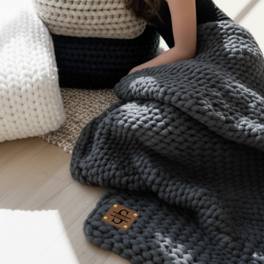Charcoal chunky knit blanket draped over a person's lap, with a tan leather patch displaying sample initials sewn onto the corner