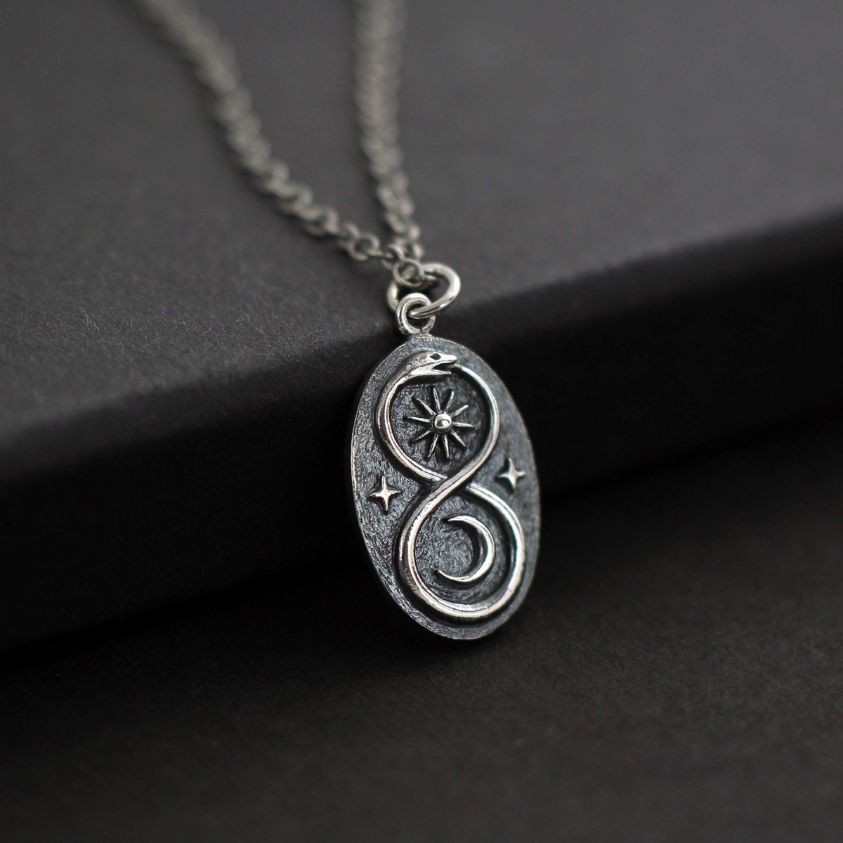 Personalized Two Cups Sterling Silver Infinity Ouroboros Snake Pendant on Antiqued Sterling Silver Chain • Sun Moon Lunar Circle for her, Customized Gifts for Women by Groovy Girl Gifts