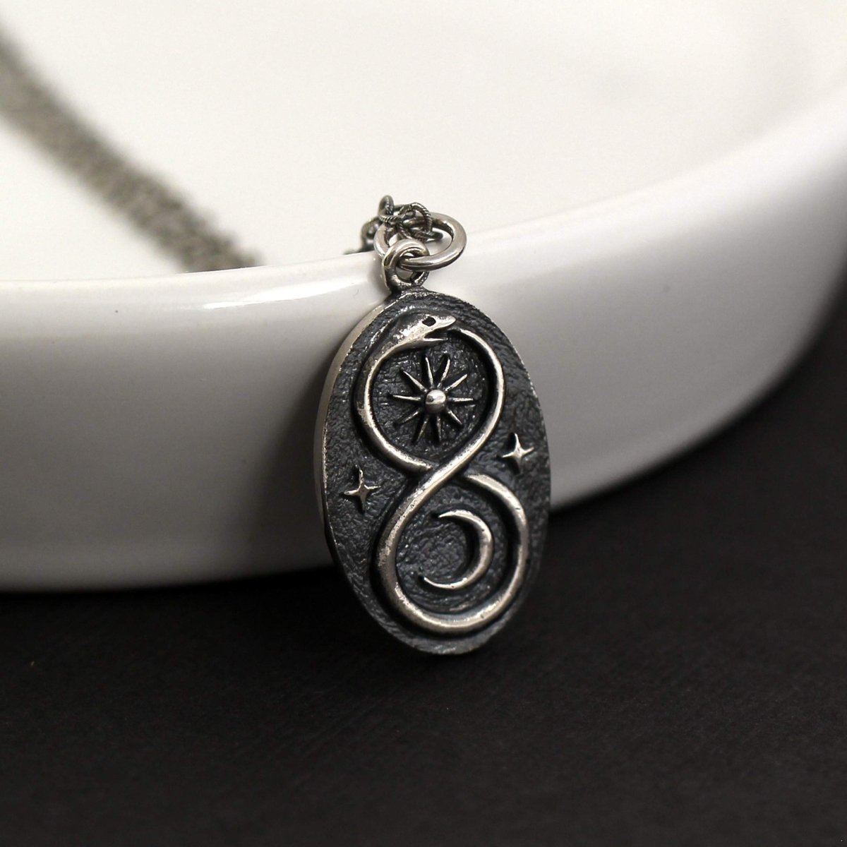 Personalized Two Cups Sterling Silver Infinity Ouroboros Snake Pendant on Antiqued Sterling Silver Chain • Sun Moon Lunar Circle for her, Customized Gifts for Women by Groovy Girl Gifts