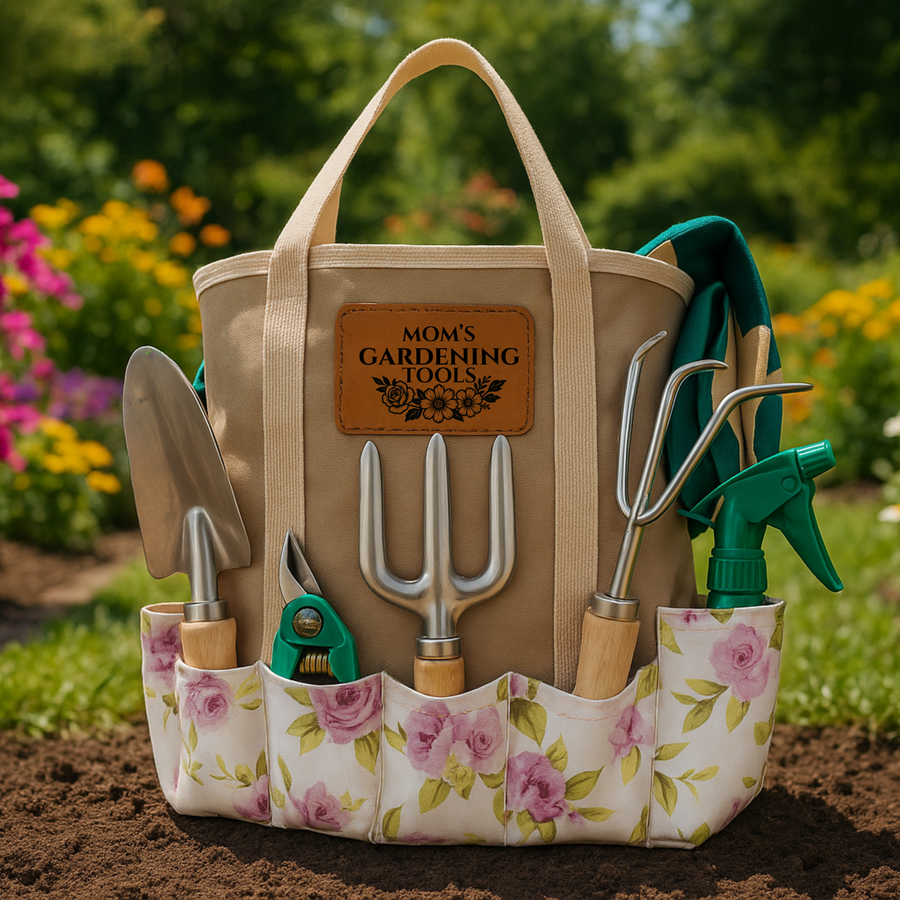 Beige canvas tote bag with tan handles and floral pockets holding gardening tools, leather patch engraved with sample text "MOM'S GARDENING TOOLS" and flower design.