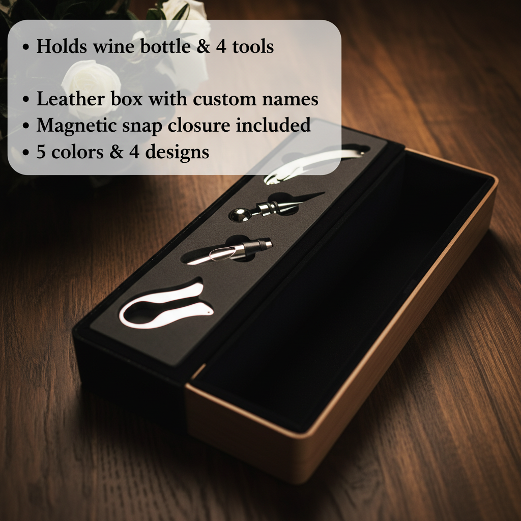 Black leather wine box with magnetic closure displayed open, revealing four stainless steel wine tools nestled in foam insert alongside empty space for wine bottle storage.