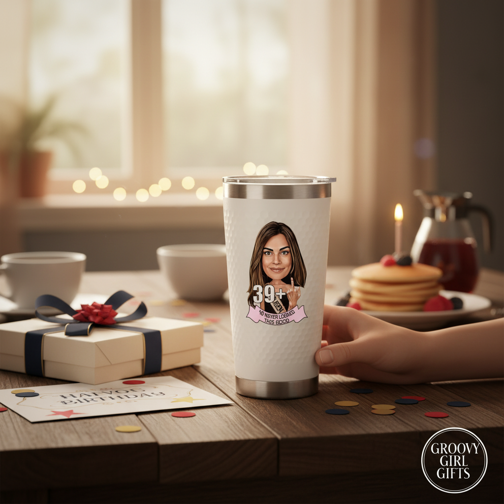White insulated tumbler with stainless steel rim featuring a custom caricature of a woman with sample text "39+" and banner, displayed on a birthday table setting with gifts and decorations.