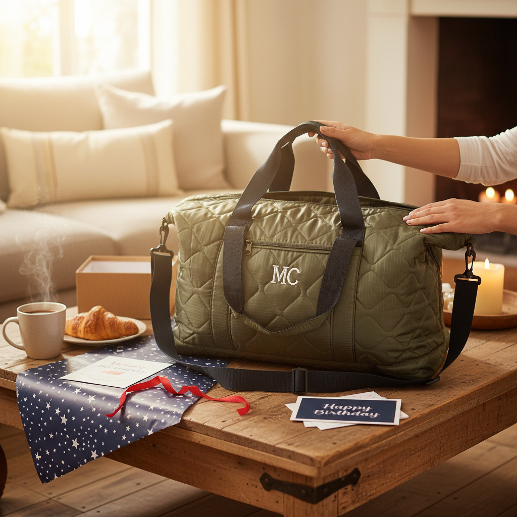 Olive green quilted duffel bag with sample monogram "MC" embroidered in white, held by woman's hands in home setting with couch and table behind her