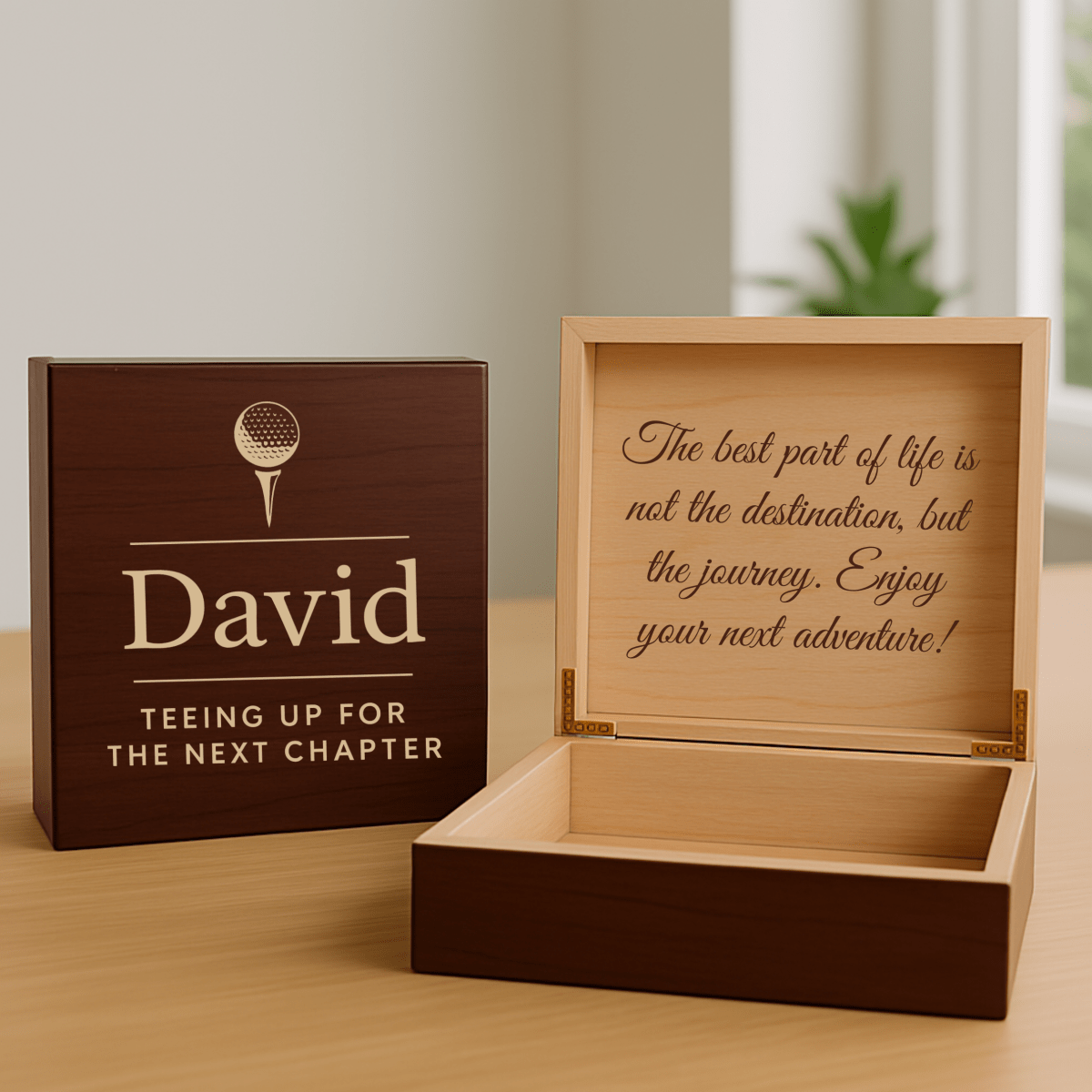 Custom wooden golf keepsake box with engraved name and optional message, perfect for retiring golfers to store cherished mementos
