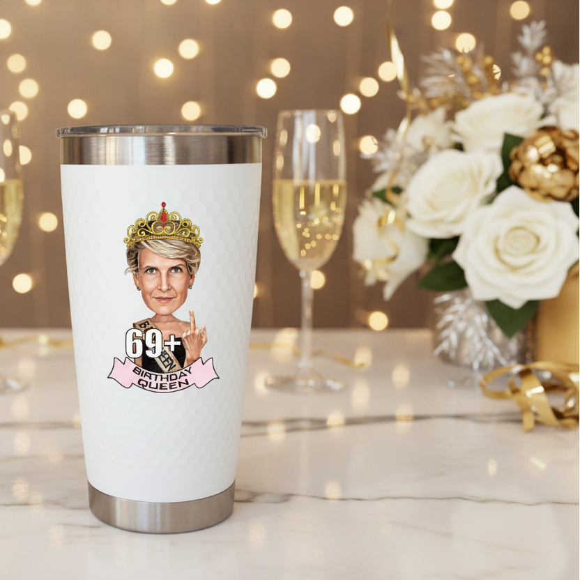 Funny Personalized birthday tumbler for women featuring a custom caricature, crown, and 'Birthday Queen' design on a white insulated cup with lid for a birthday gift
