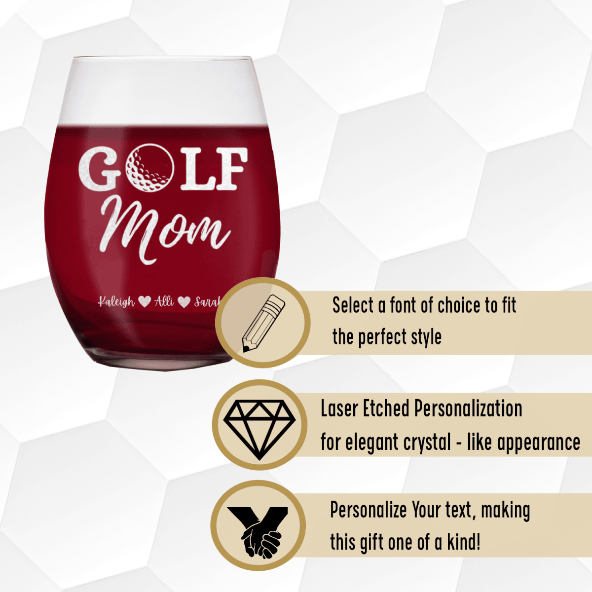 Personalized Best Golf Mom Stemless Wine Glass for her, Customized Gifts for Women by Groovy Girl Gifts