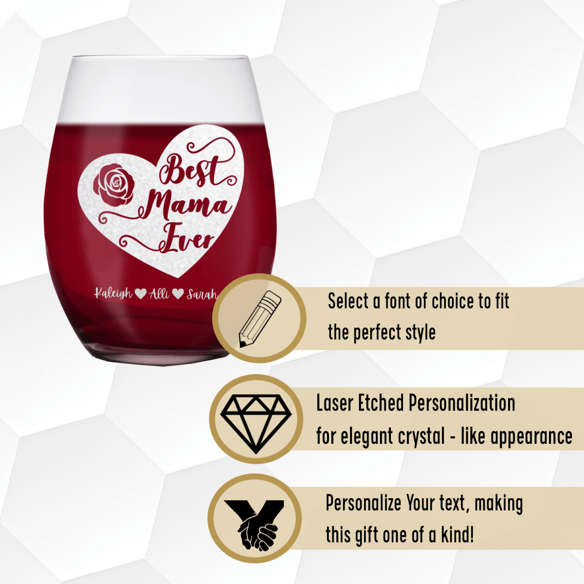 Personalized Best Mama Ever Stemless Wine Glass for her, Customized Gifts for Women by Groovy Girl Gifts