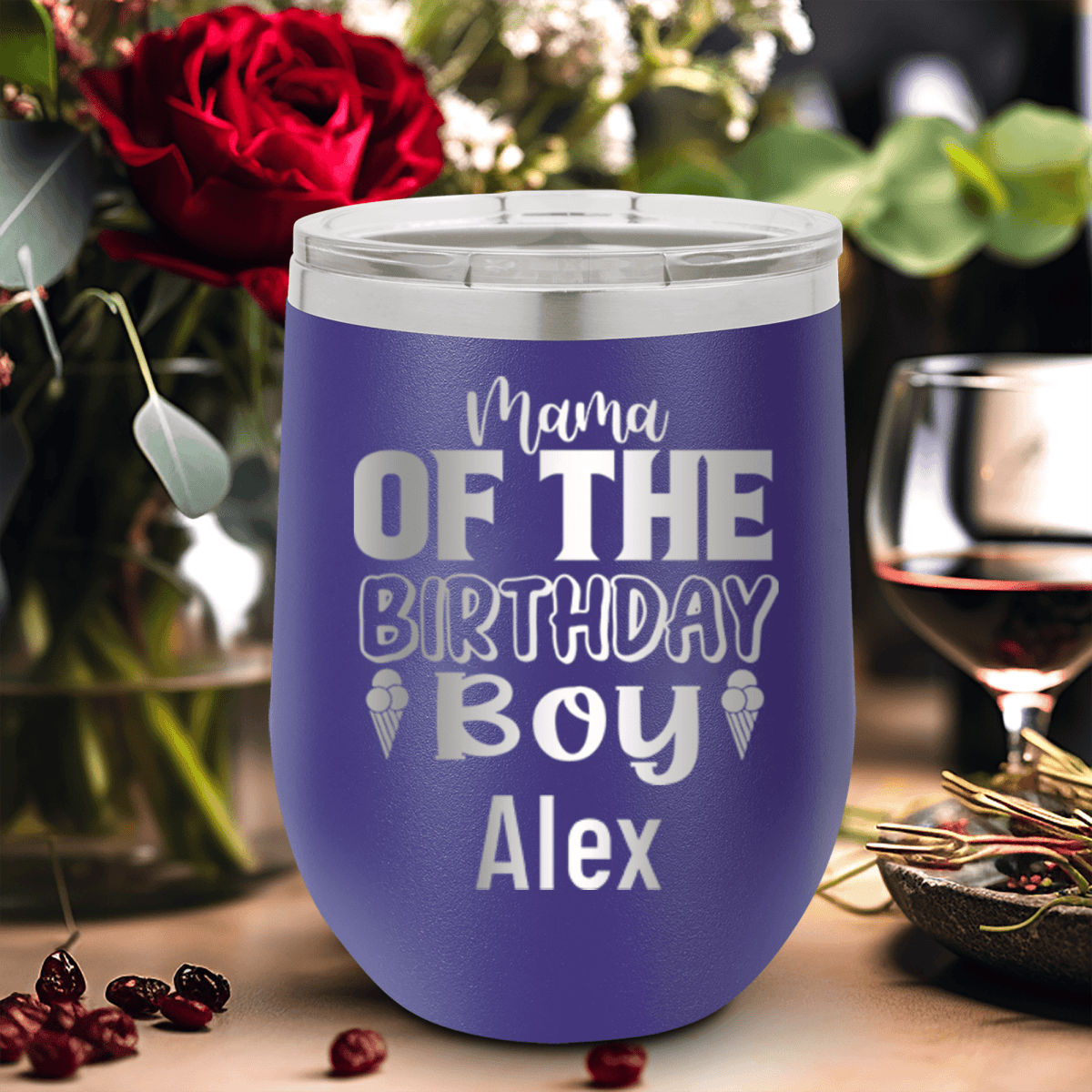 Purple Birthday Wine Tumbler With Birthday Mom Design
