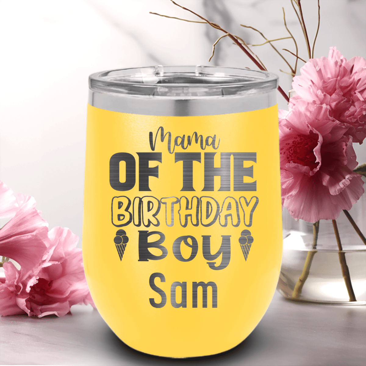 Yellow Birthday Wine Tumbler With Birthday Mom Design