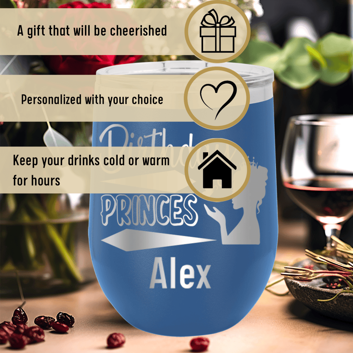Personalized Birthday Princess Design Wine Tumbler for her, Customized Gifts for Women by Groovy Girl Gifts