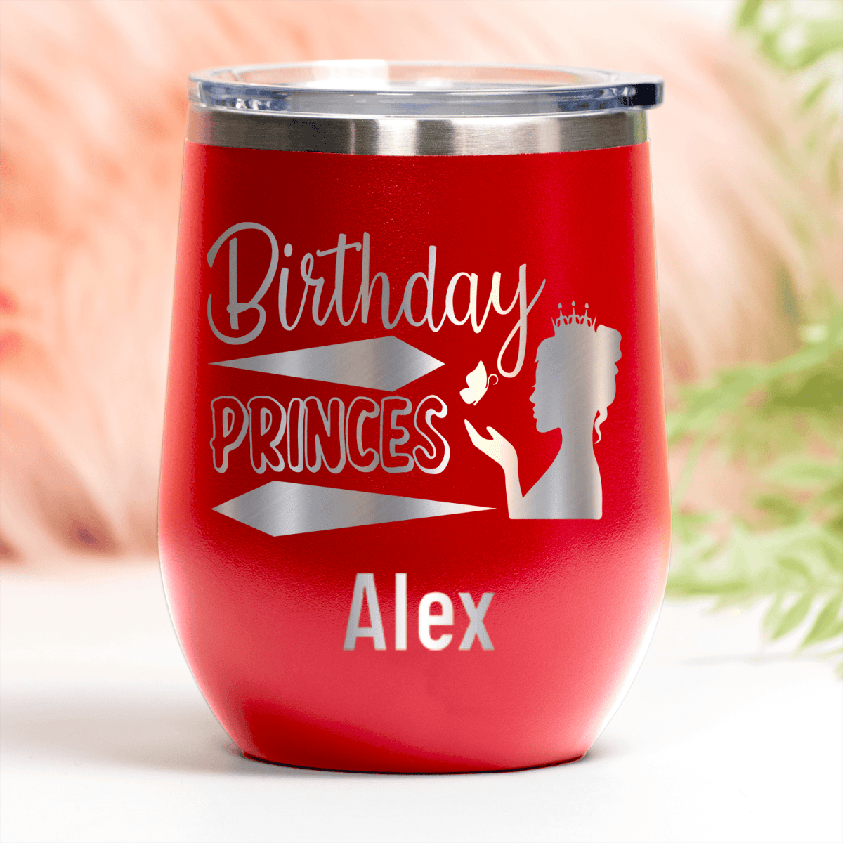 Red Birthday Wine Tumbler With Birthday Princess Design Design