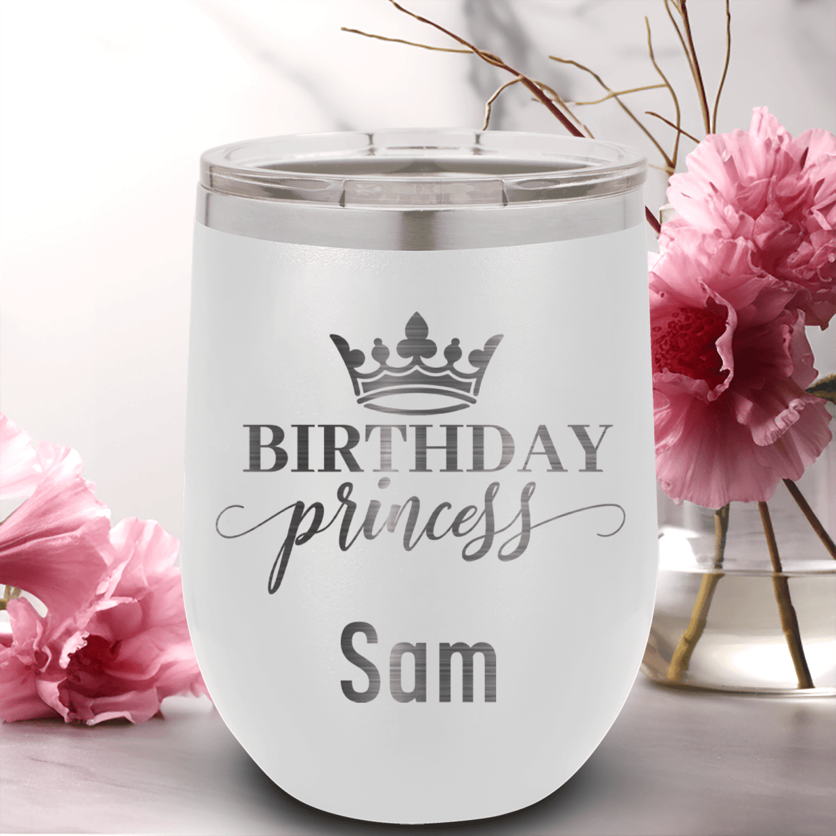 White Birthday Wine Tumbler With Birthday Princess Design