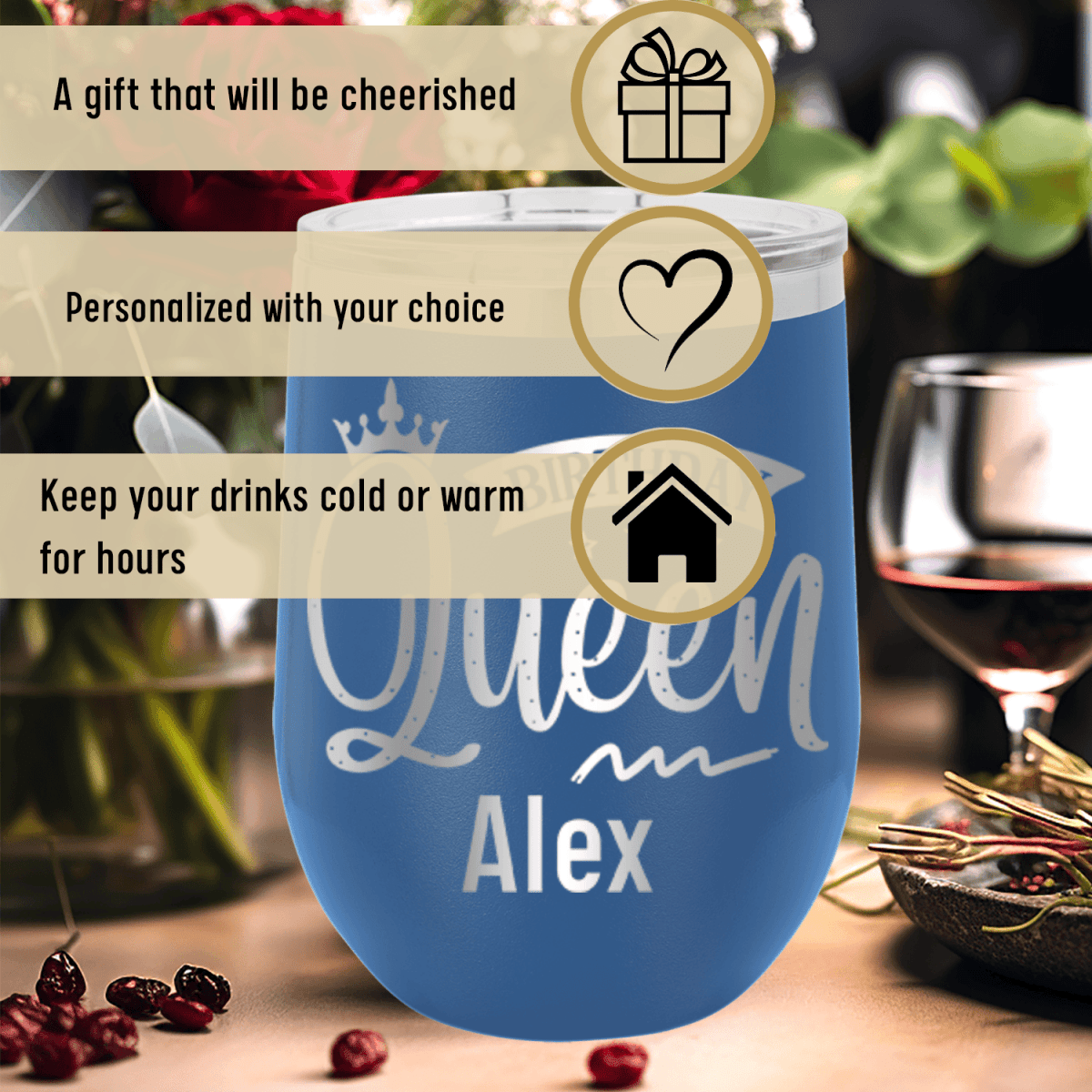 Personalized Birthday Queen Wine Tumbler for her, Customized Gifts for Women by Groovy Girl Gifts