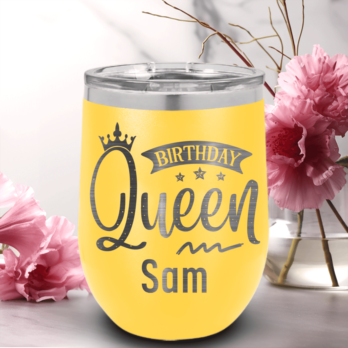 Yellow Birthday Wine Tumbler With Birthday Queen Design