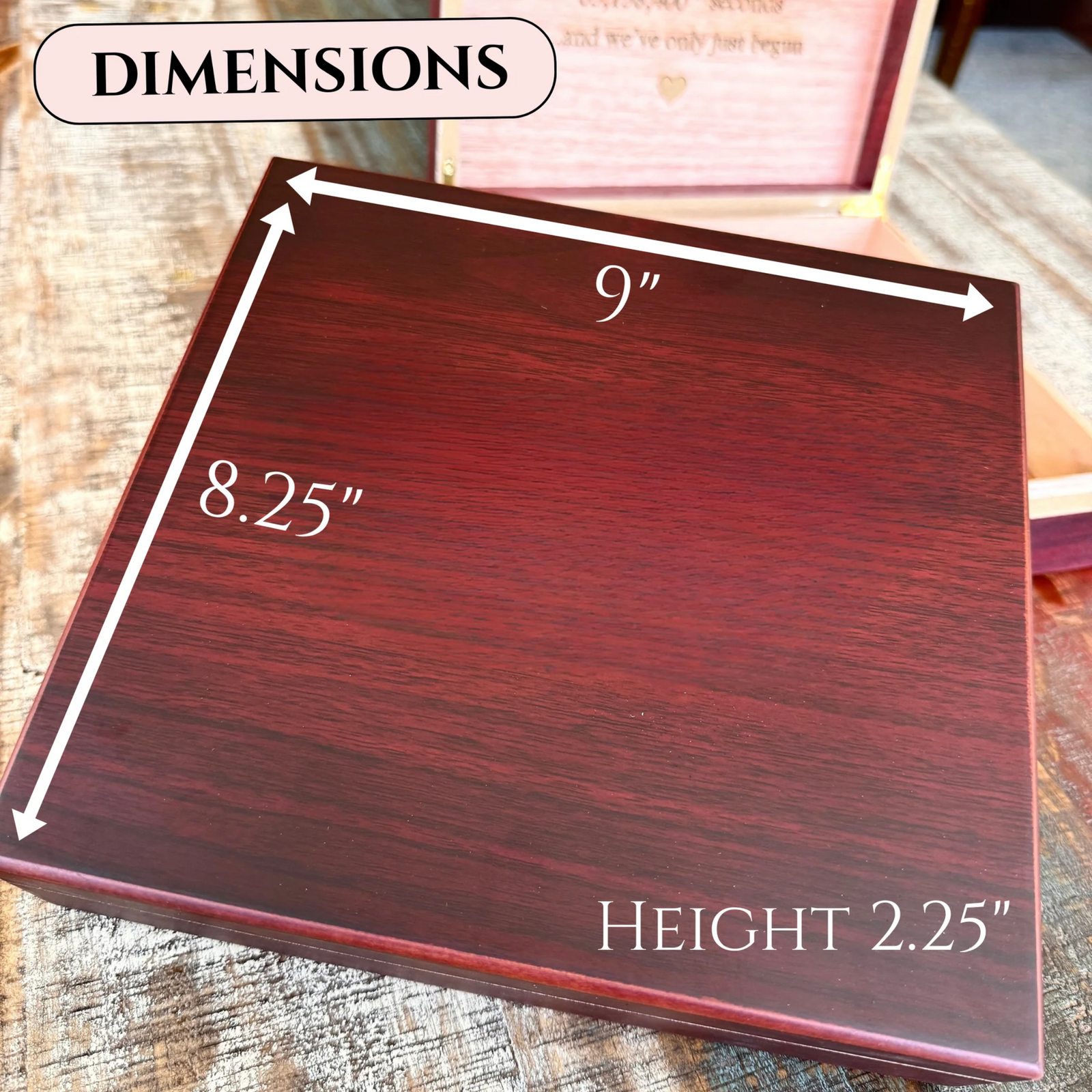 Dark wood keepsake box with dimensions labeled: 9 inches wide, 8.25 inches deep, 2.25 inches height