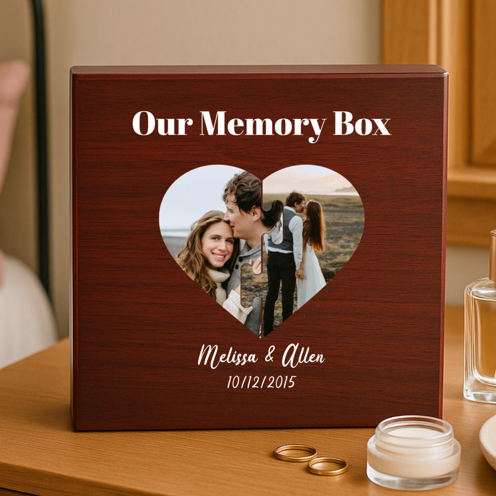 Personalized memory box with heart photo collage and custom names on cherry wood
