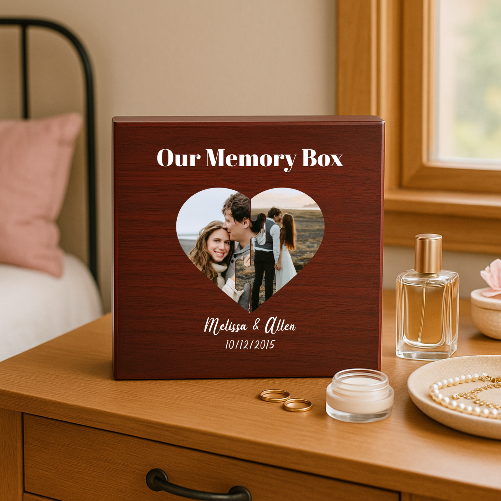 Personalized memory box with heart photo collage and custom names on cherry wood