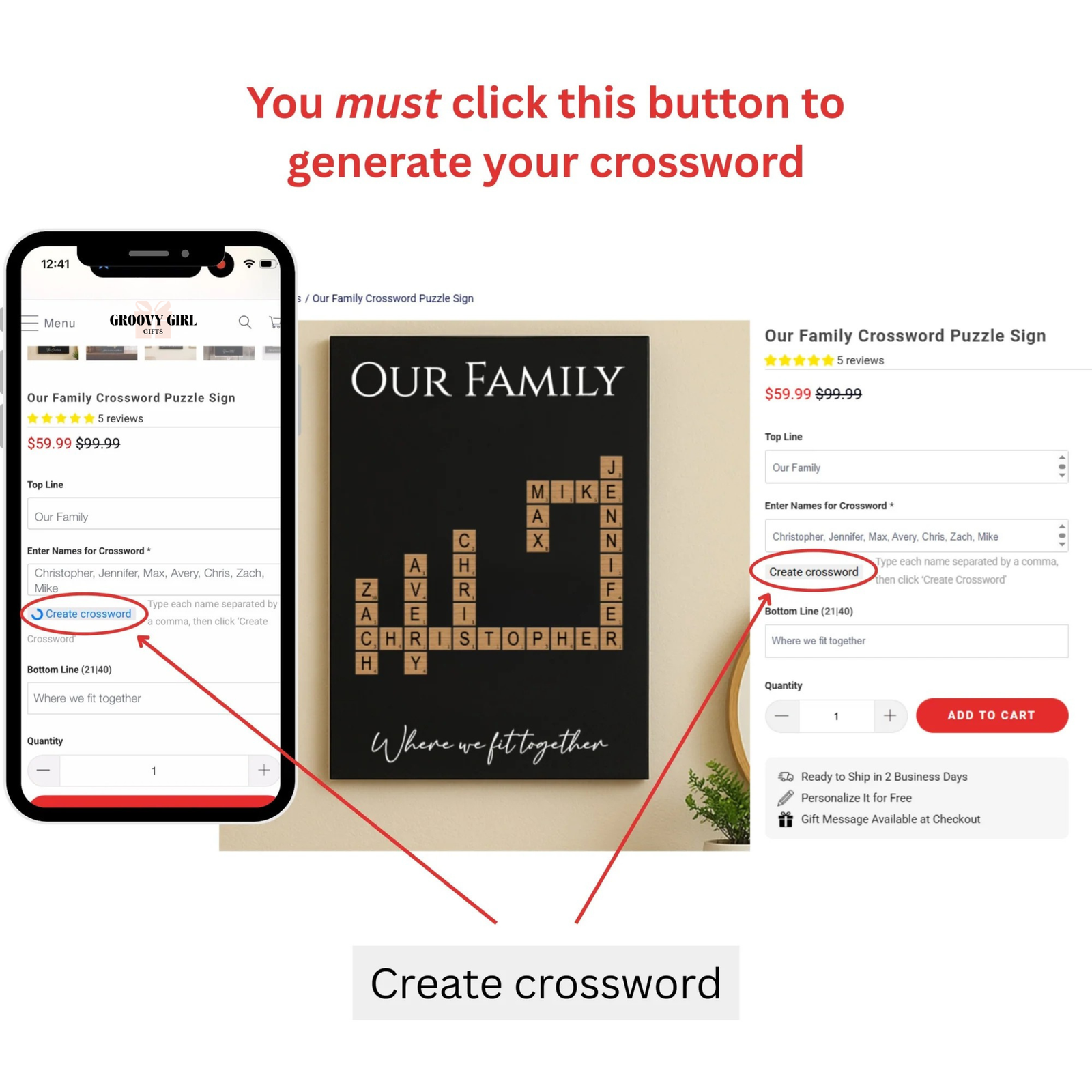 Instructional preview showing the "Create crossword" button location in the customization form on both mobile and desktop views