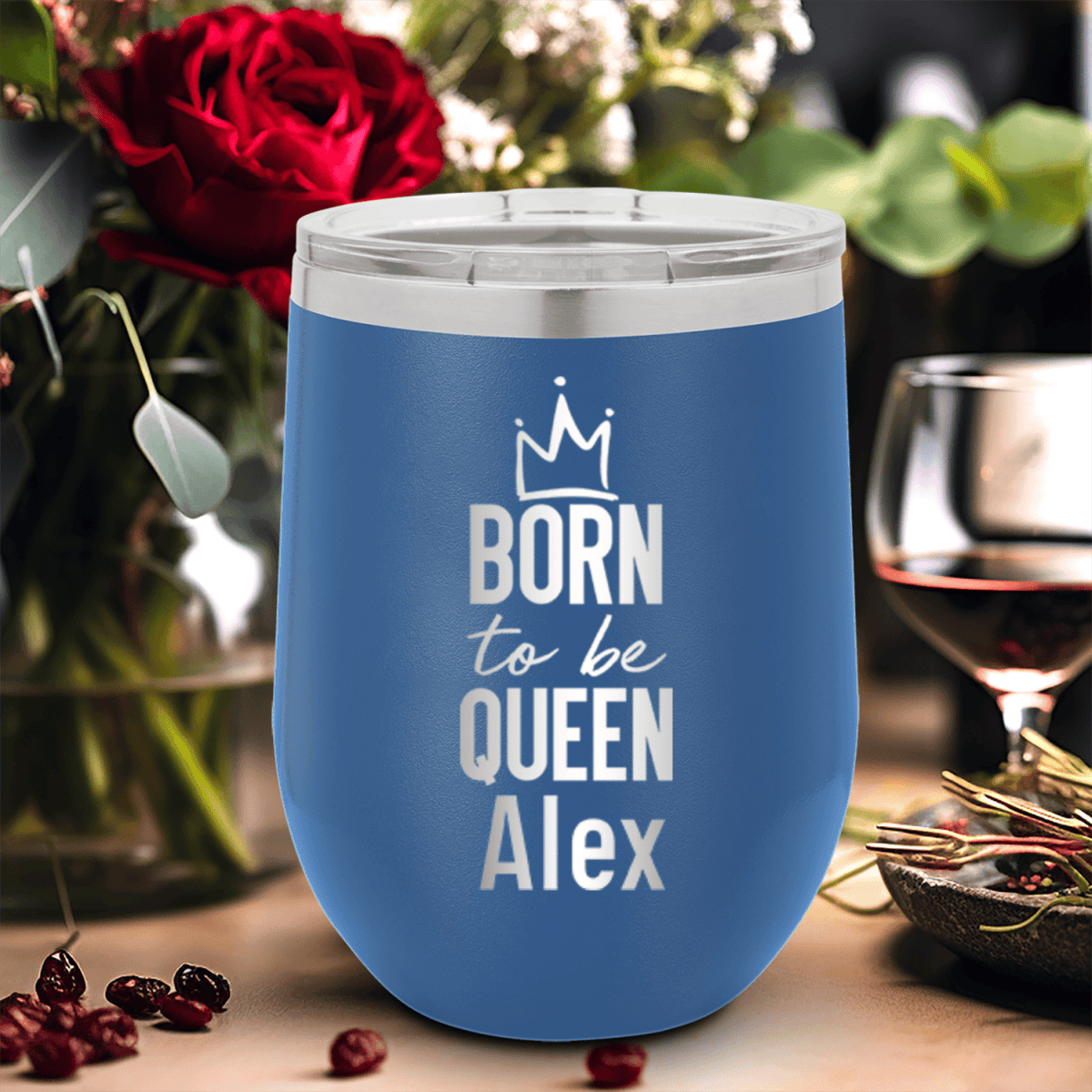 Blue Birthday Wine Tumbler With Born To Be Queen Design