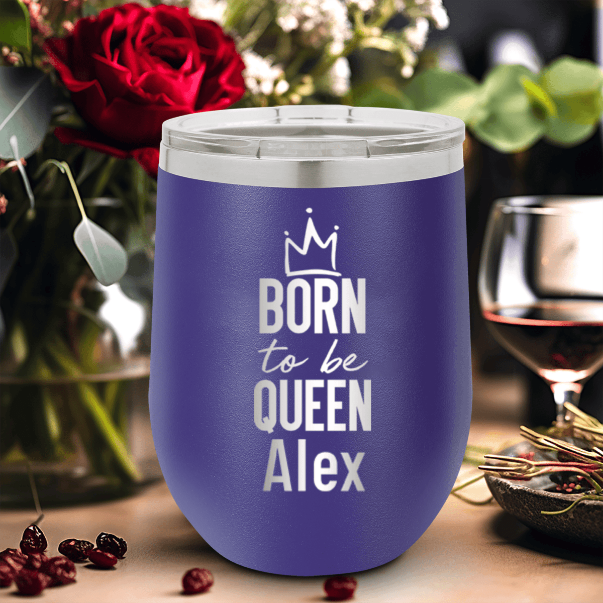 Purple Birthday Wine Tumbler With Born To Be Queen Design
