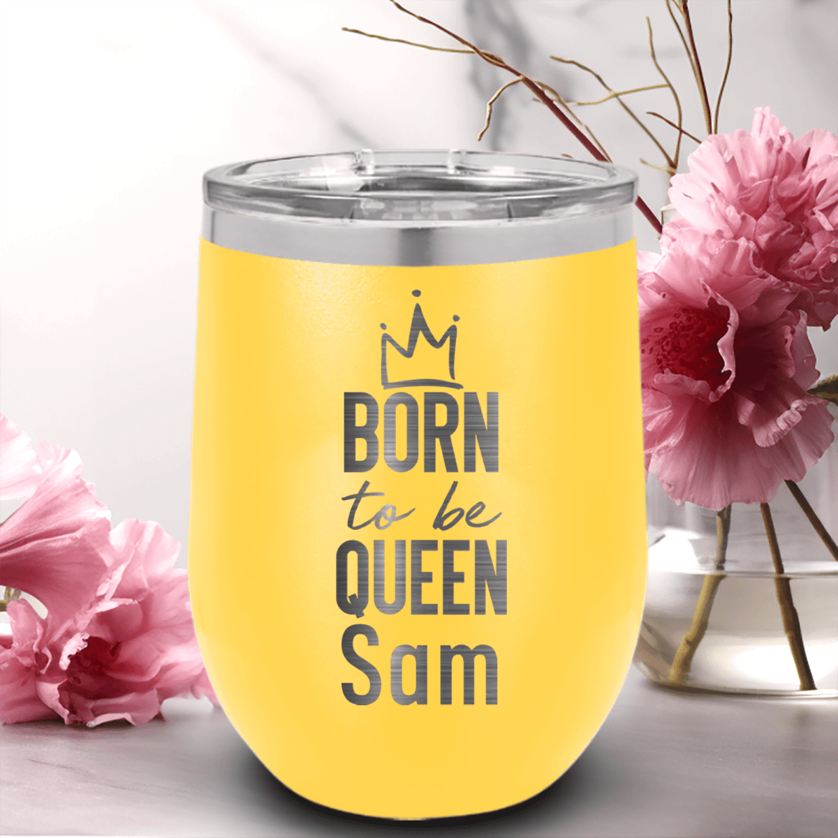 Yellow Birthday Wine Tumbler With Born To Be Queen Design