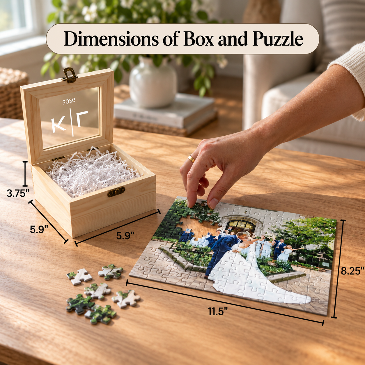 Infographic showing the wood gift box and assembled puzzle dimensions, box 5.9 by 5.9 by 3.75 inches and puzzle 8.25 by 11.5 inches, with a hand placing a puzzle piece