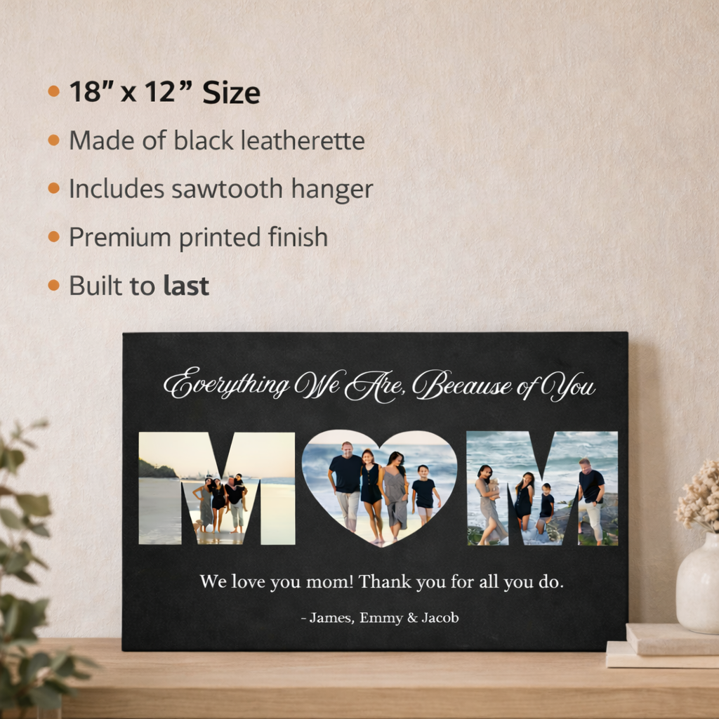 Black leatherette wall sign with sample text "Everything We Are, Because of You," family photos in MOM-shaped cutouts, and sample message "We love you mom! Thank you for all you do. -James, Emmy & Jacob