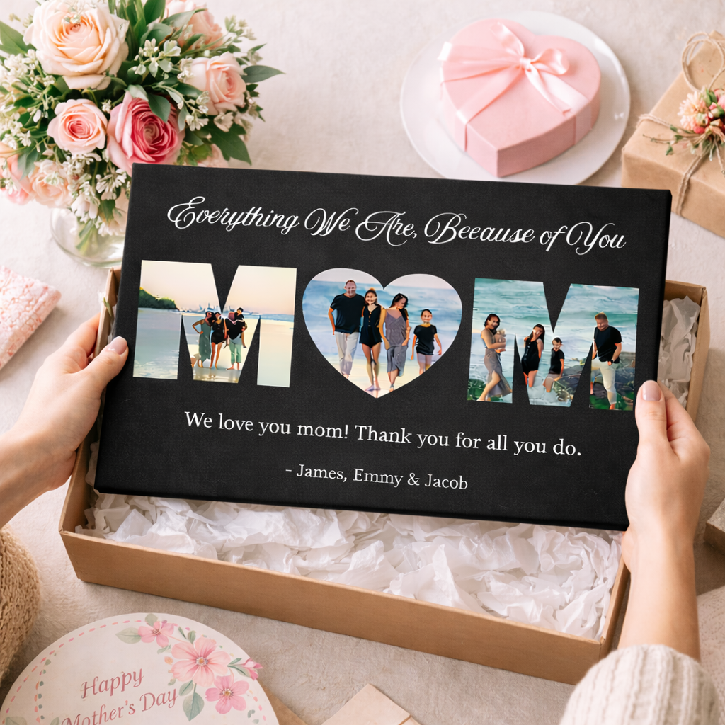 Black leatherette wall sign personalized with sample photos in MOM letter cutouts, custom message "Everything We Are, Because of You," and sample names James, Emmy & Jacob, displayed in kraft gift box with tissue padding
