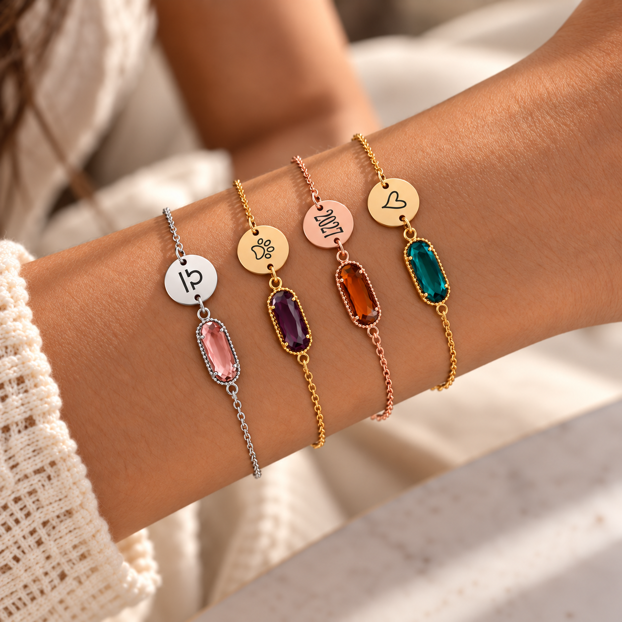 Four personalized birthstone bracelets stacked on wrist, each with engraved initial charms in gold and silver with colored gemstones: pink, purple, amber, and teal.
