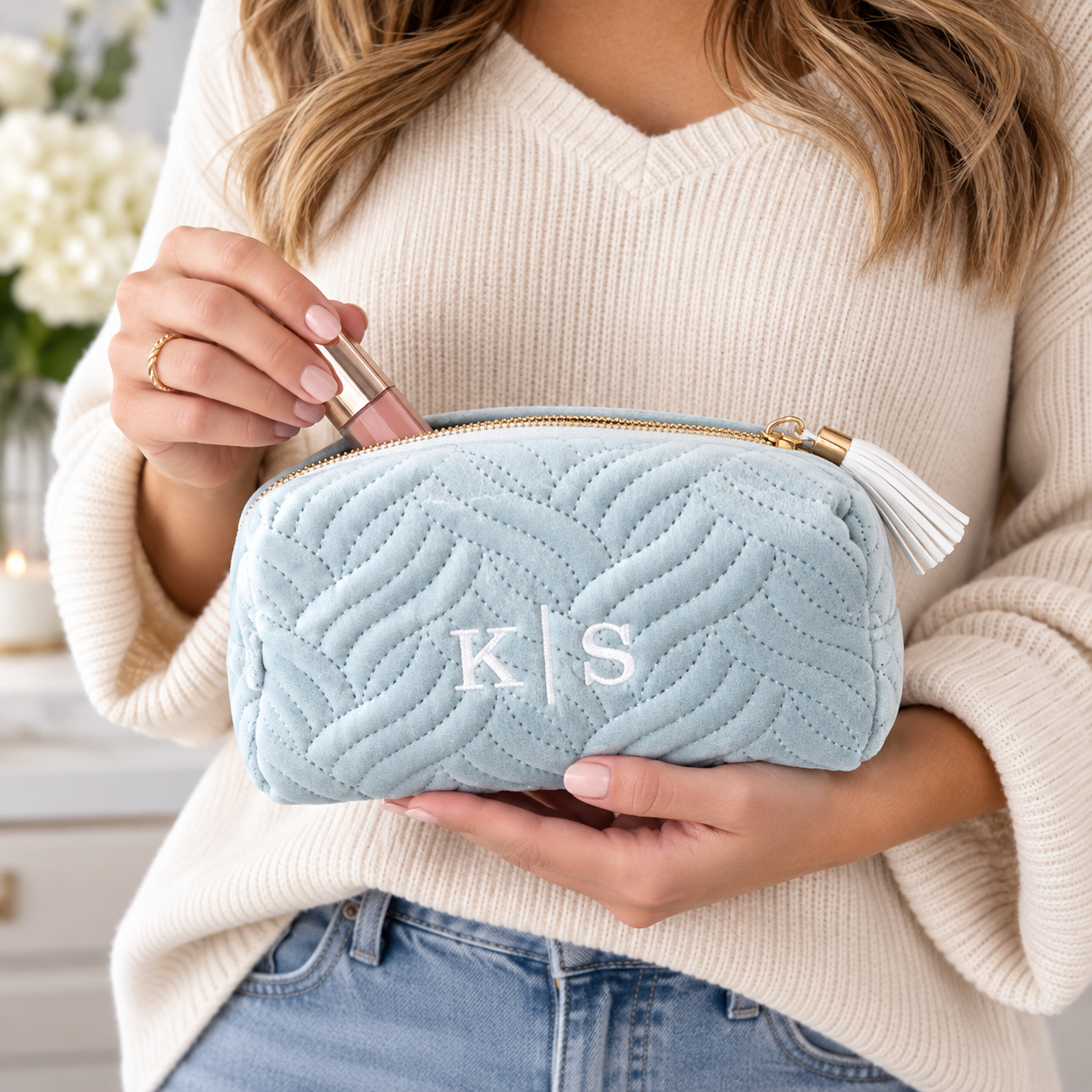 Woman holding a spa blue quilted makeup bag embroidered with the initials K and S, tucking a lipstick inside while wearing a cream sweater.