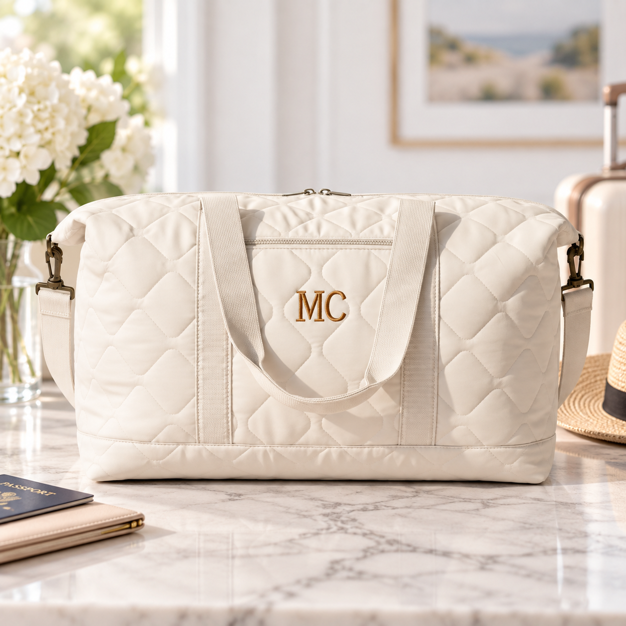 Cream quilted weekender tote bag with sample monogram "MC" in gold lettering, gray handles, and marble countertop display