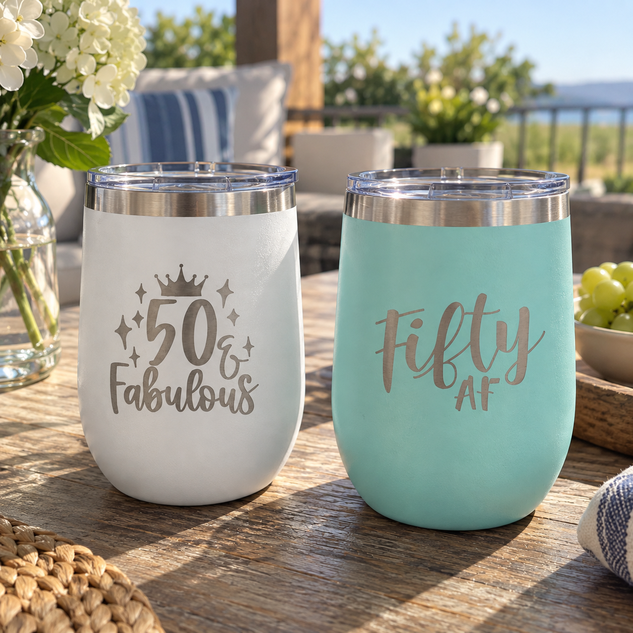 White and teal stemless wine tumblers engraved with '50 & Fabulous' and 'Fifty AF' 50th birthday designs, on an outdoor patio table.