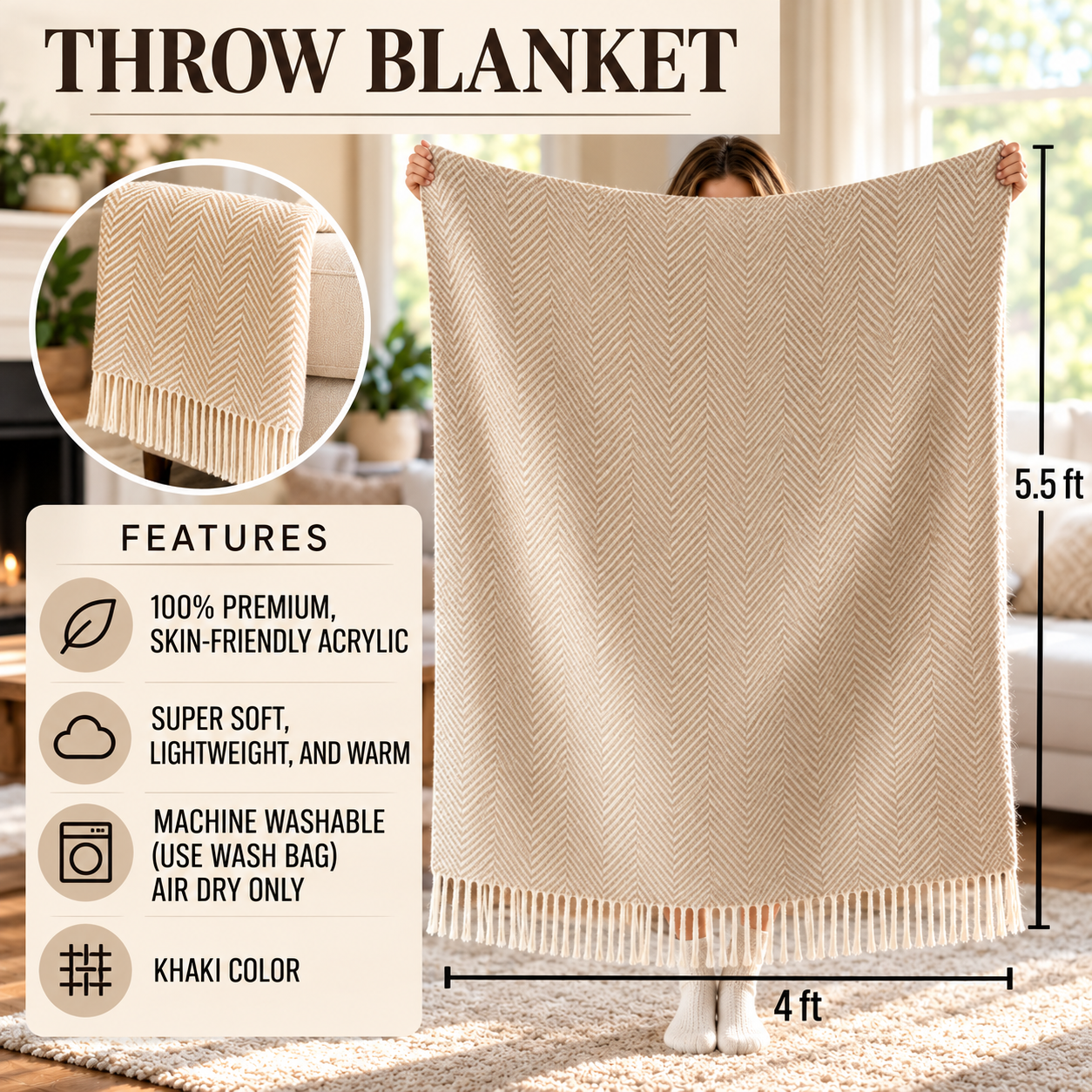 Khaki herringbone throw blanket with fringe tassels, 5.5 feet by 4 feet, 100% acrylic, held open by a woman in a living room