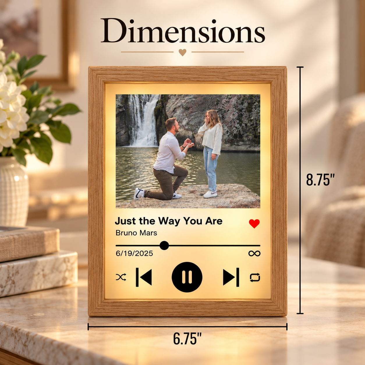 Personalized song plaque shown at 6.75 by 8.75 inches, displaying a couple's proposal photo with "Just the Way You Are" by Bruno Mars and the date 6/19/2025.