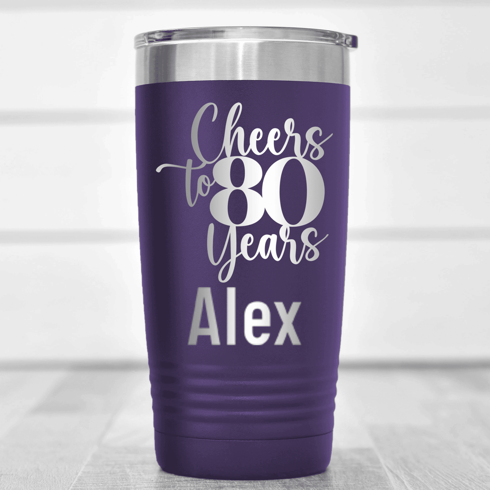 Purple Birthday Tumbler With Cheers To Eighty Years Design