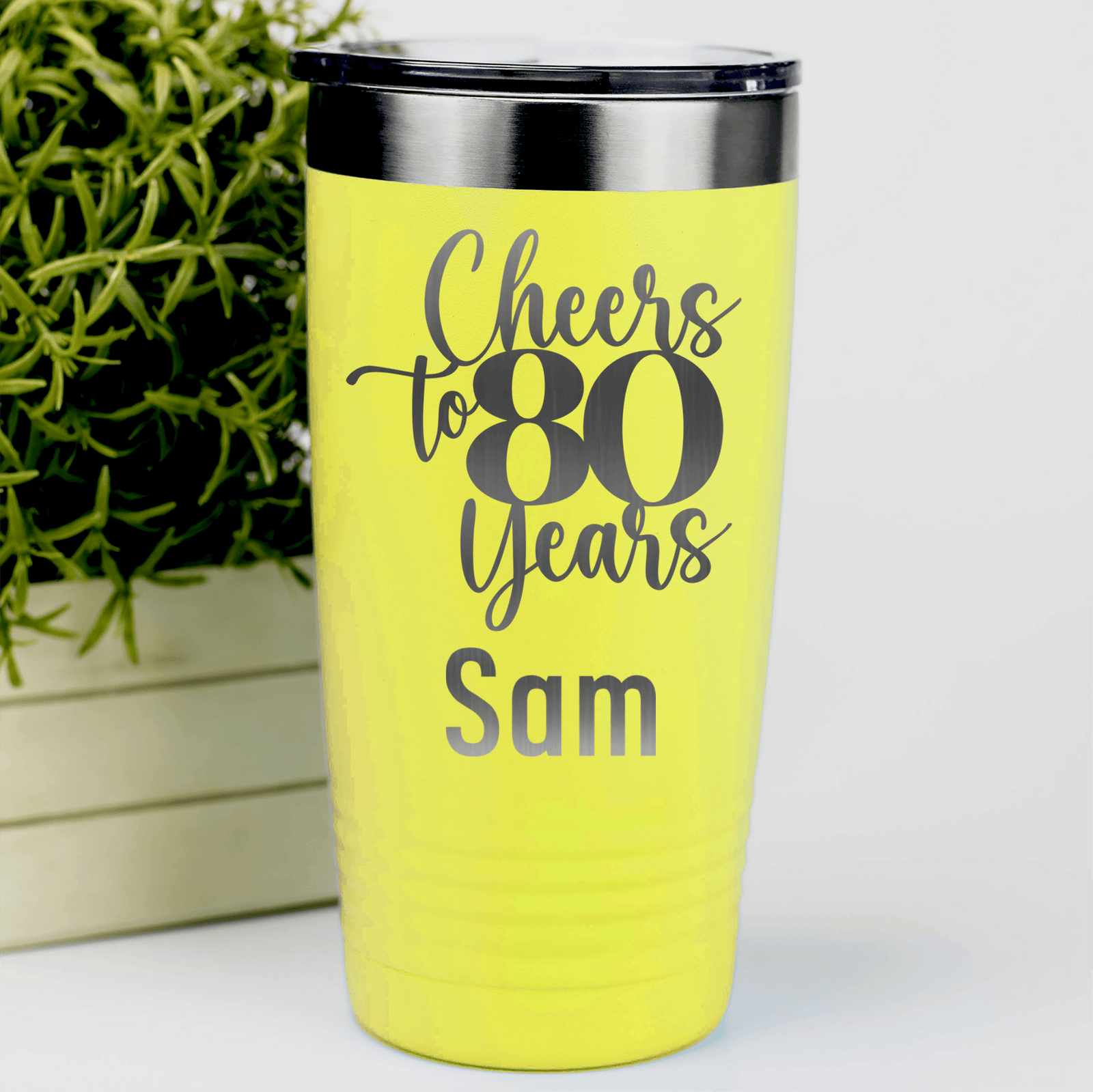 Yellow Birthday Tumbler With Cheers To Eighty Years Design