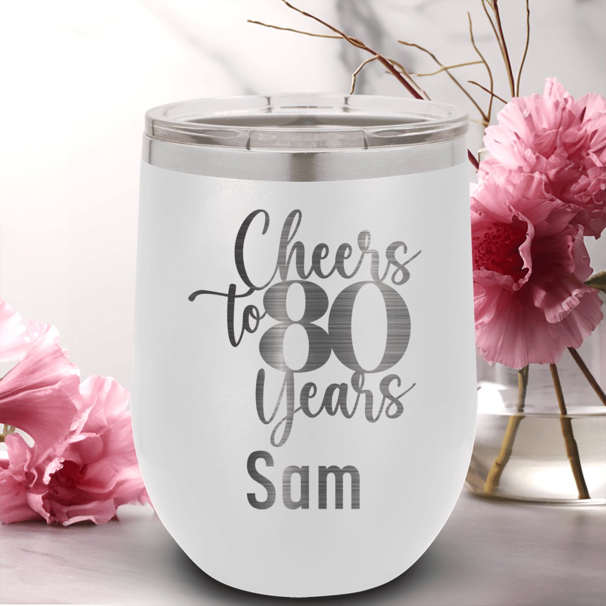 Personalized Cheers To Eighty Years Wine Tumbler for her, Customized Gifts for Women by Groovy Girl Gifts