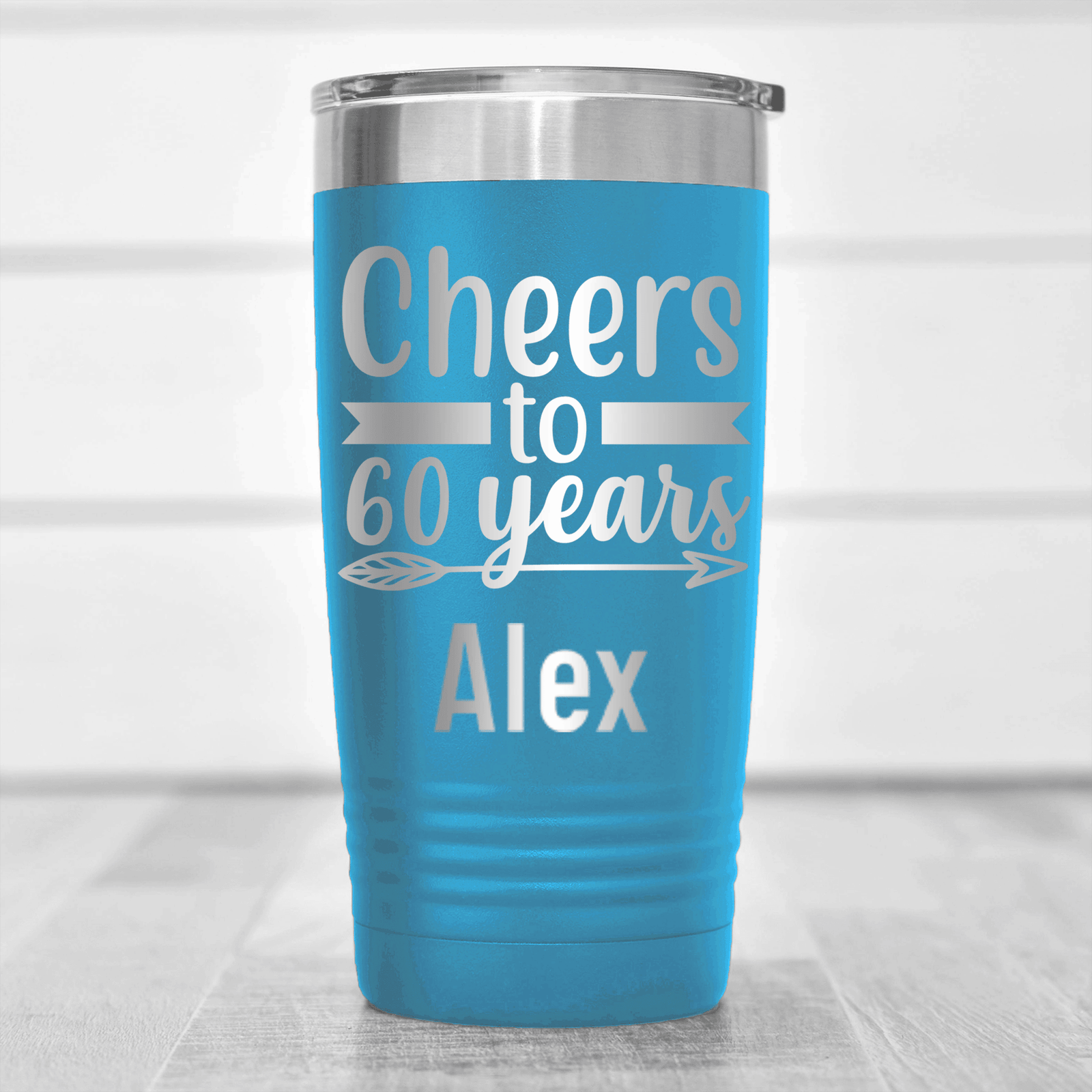 Light Blue Birthday Tumbler With Cheers To Sixty Arrow Design