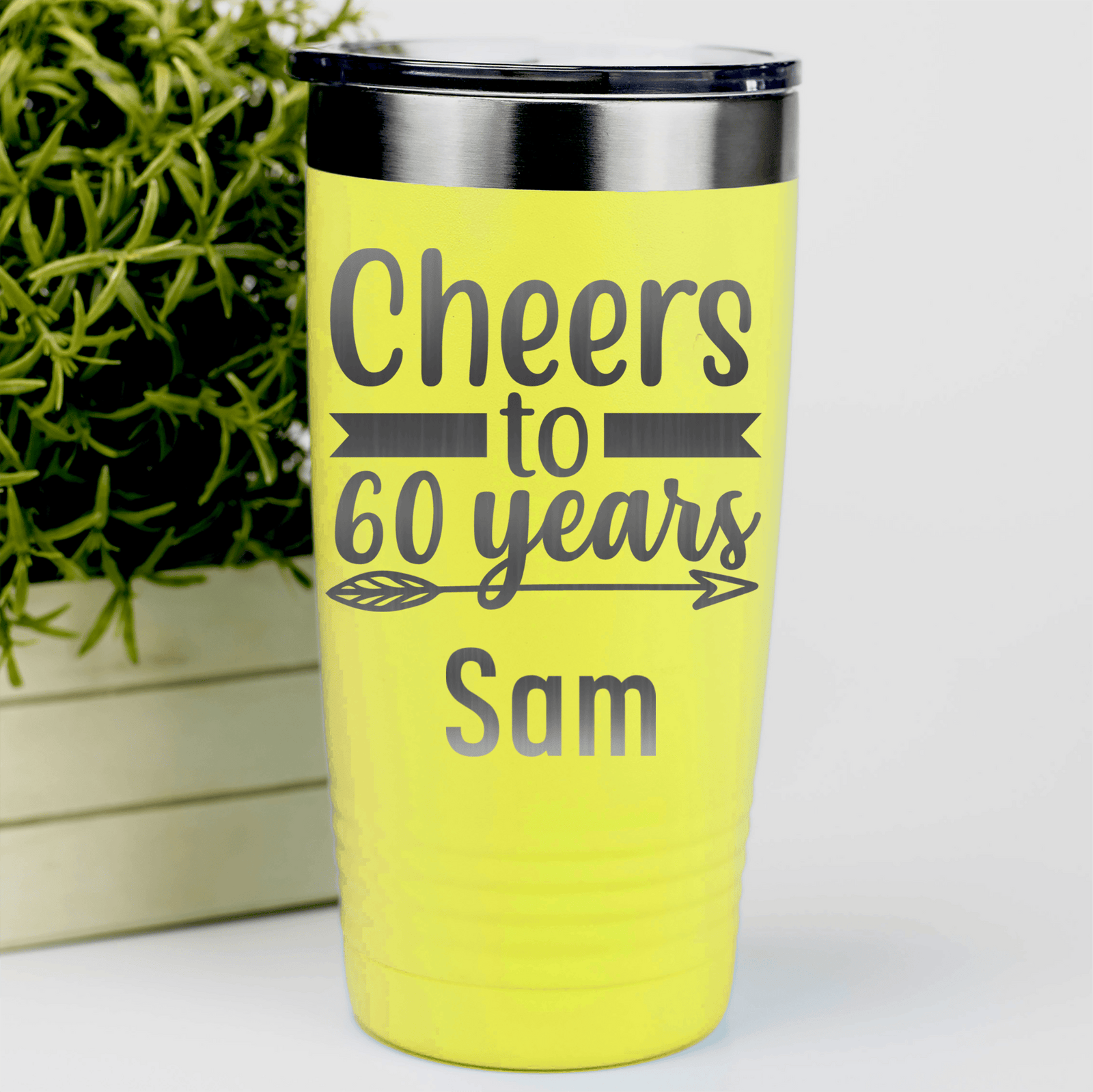 Yellow Birthday Tumbler With Cheers To Sixty Arrow Design