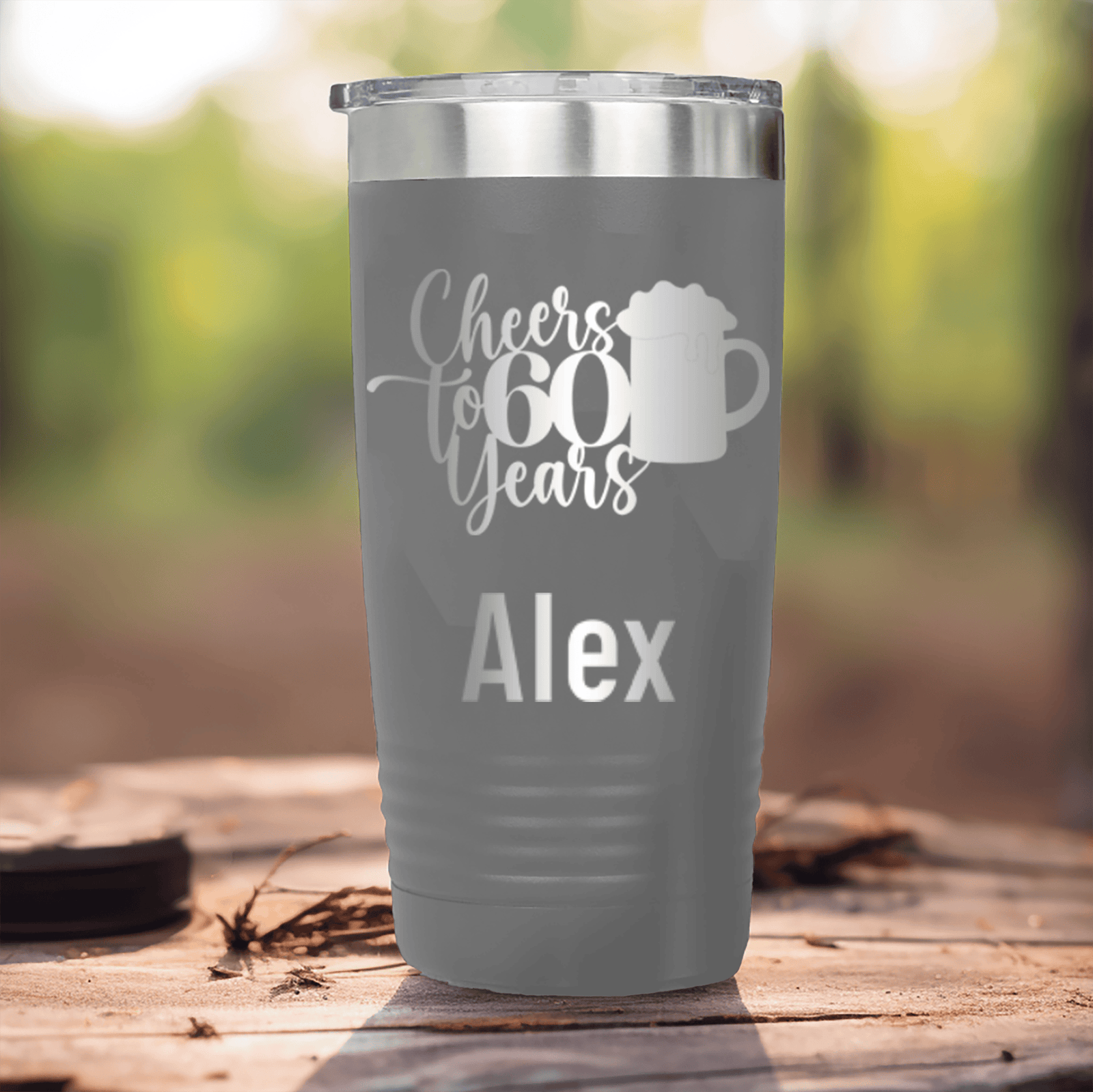 Grey Birthday Tumbler With Cheers To Sixty Beer Design