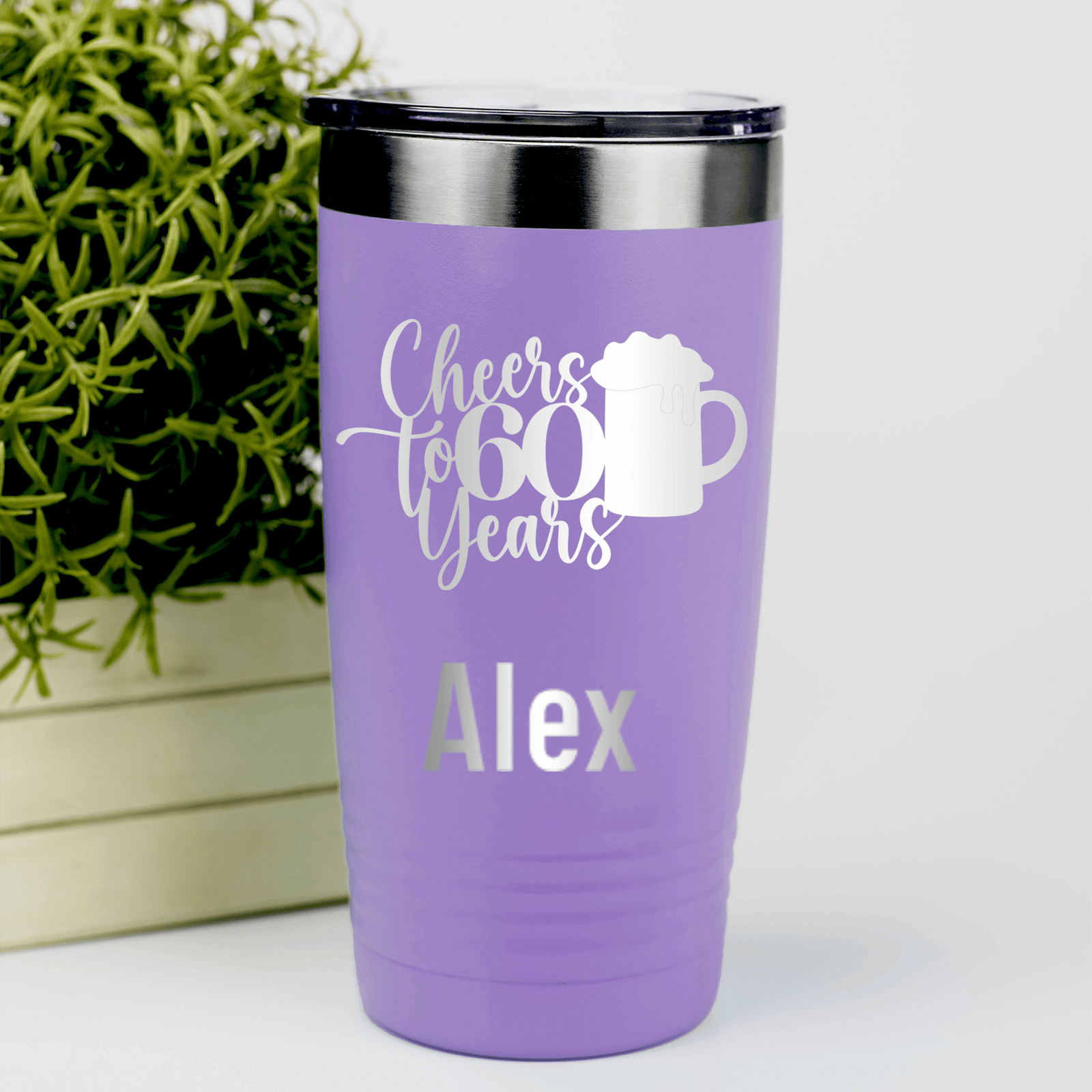 Light Purple Birthday Tumbler With Cheers To Sixty Beer Design