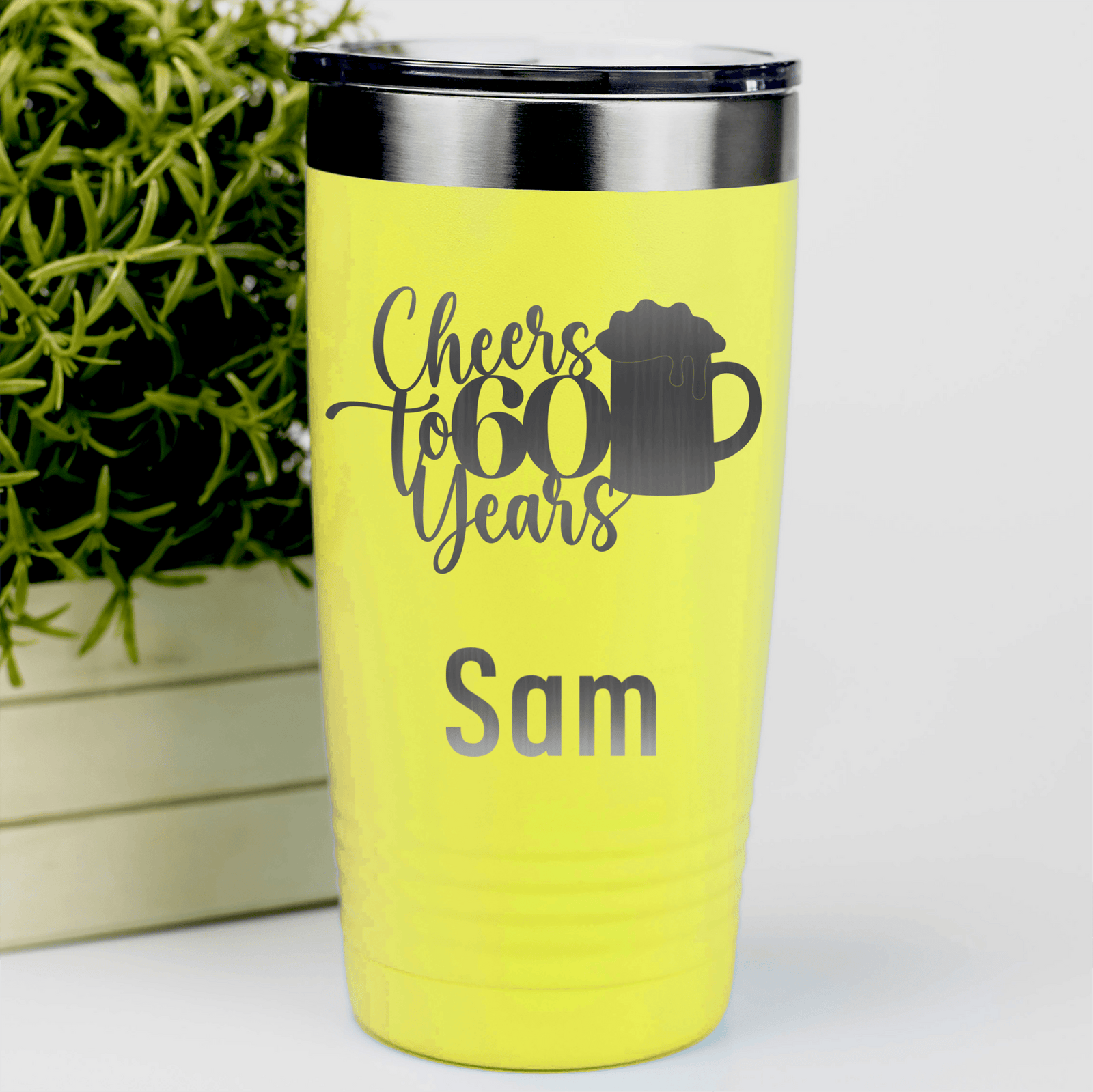 Yellow Birthday Tumbler With Cheers To Sixty Beer Design