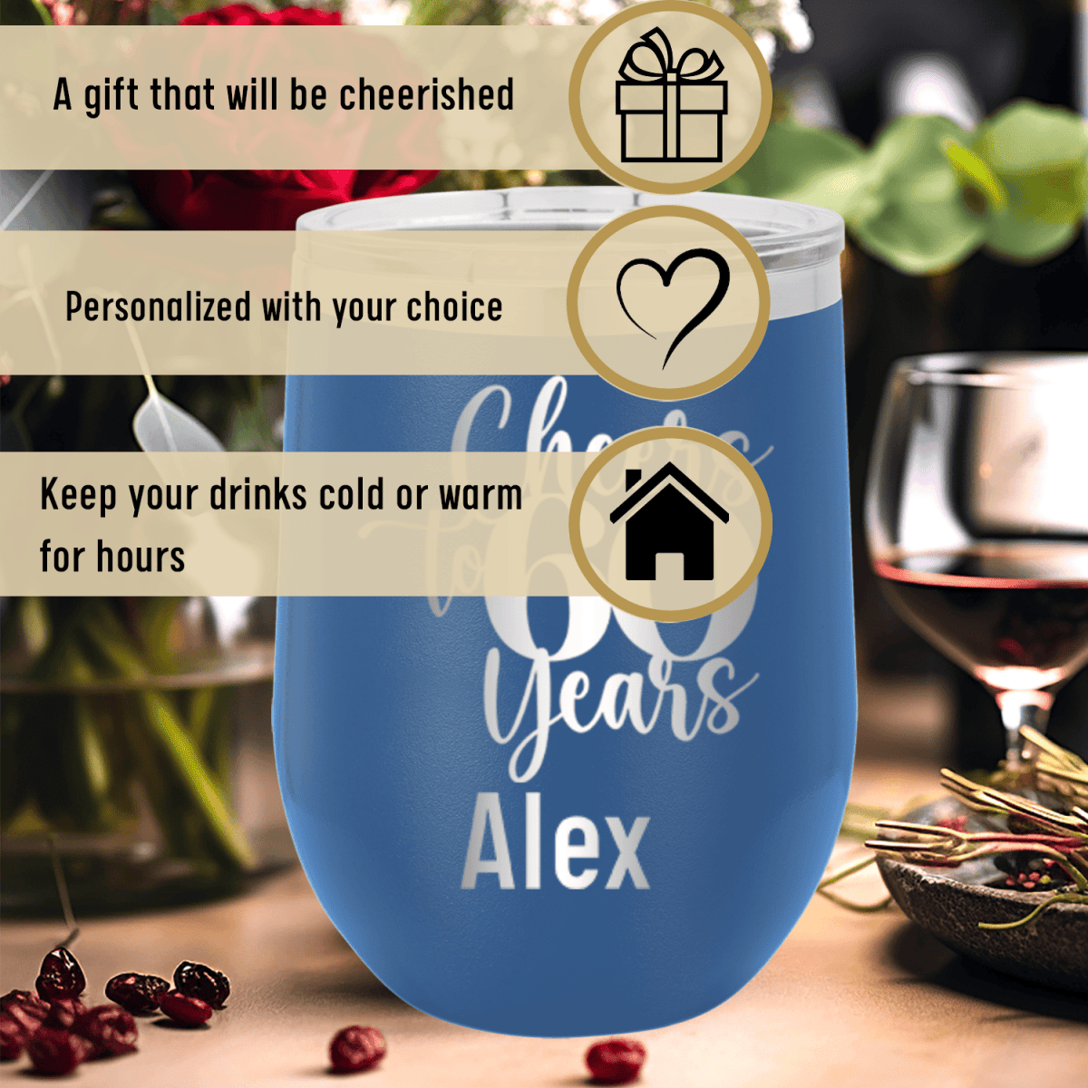 Personalized Cheers To Sixty Years Wine Tumbler for her, Customized Gifts for Women by Groovy Girl Gifts