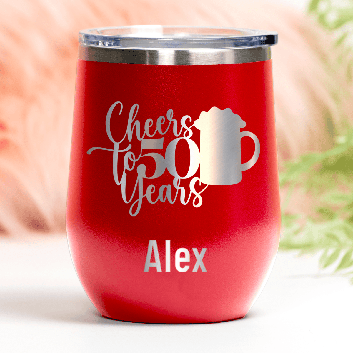 Red Birthday Wine Tumbler With Cheers To 50 Years Beers Design